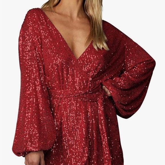 Amazon | Dresses | Red Amazon Sequin Wrap Dress | Poshmark